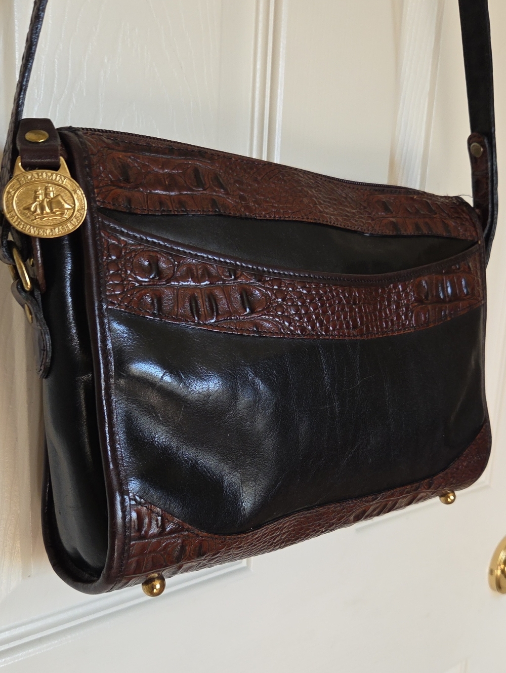 Brahmin Black and Brown Croc-Trim Leather Crossbody Bag